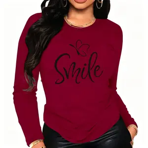 Women's soft long-sleeve shirt, smiley face print - casual long-sleeve top, black and white lettering, comfortable and stylish, suitable for spring, summer, autumn, and winter, long-sleeve shirt; round neck long-sleeve; comfortable outdoorfun