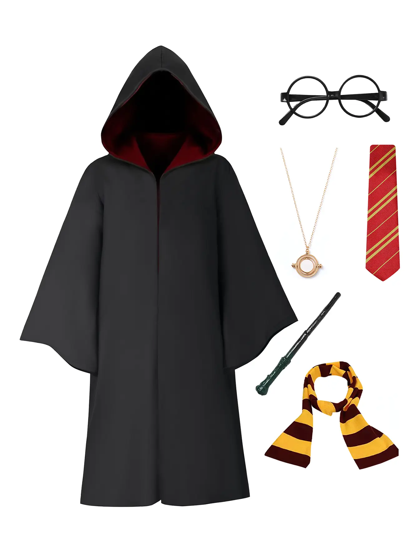 Men's Classic Simple Drape Hooded Robe Cloak - Unisex Adult Wizard Cosplay Halloween/Birthday Costume Set (6-Piece) with Round-Framed Glasses, Tie, Striped Knit Scarf, Magic Wand, Necklace, Menswear