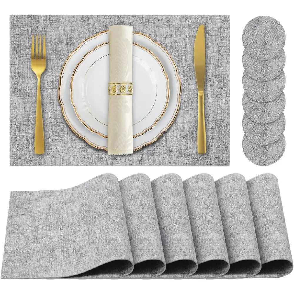 Faux Leather Placemats Set of 6 (Light Grey) - Heat-Resistant Tableware, Easy to Clean Placemats & Coasters, Non-Slip, Waterproof, Stain-Resistant, Wipeable PU Dining Table Mats