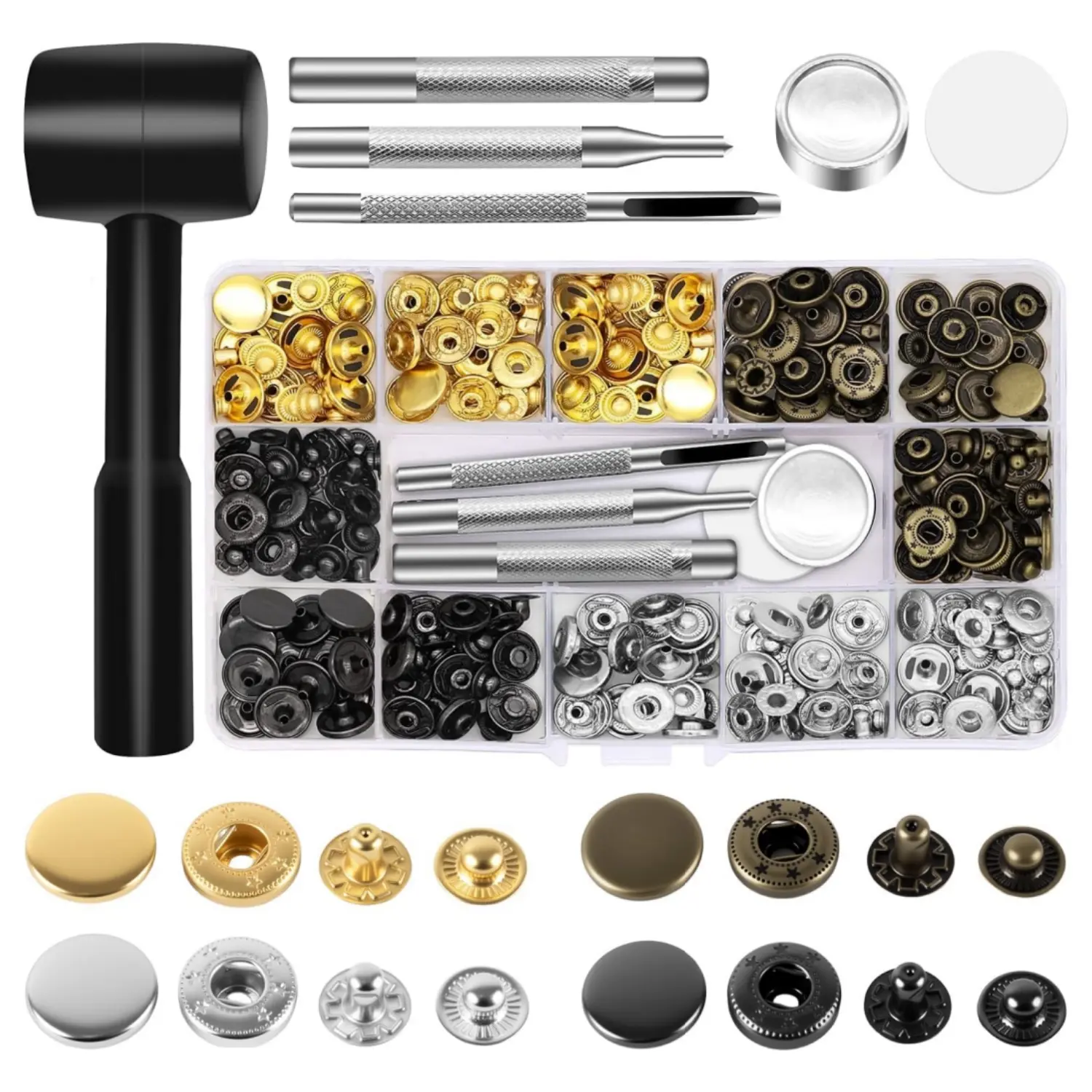 15mm Leather Snap Button Kits with Hammer Punch Spacer, 90 Sets Metal Snaps Press Studs with 4 Setter Tools for Thin Clothes, Jackets, Jeans Wears, Bracelets, Bags