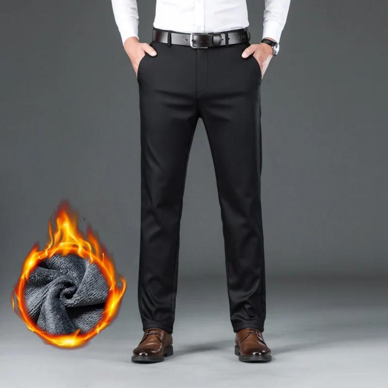 Static Cuff Flannel Thick Men's Casual Pants Winter New Fleece Business Stretch Warm Plush Trousers Brand Slim Straight Male Pants