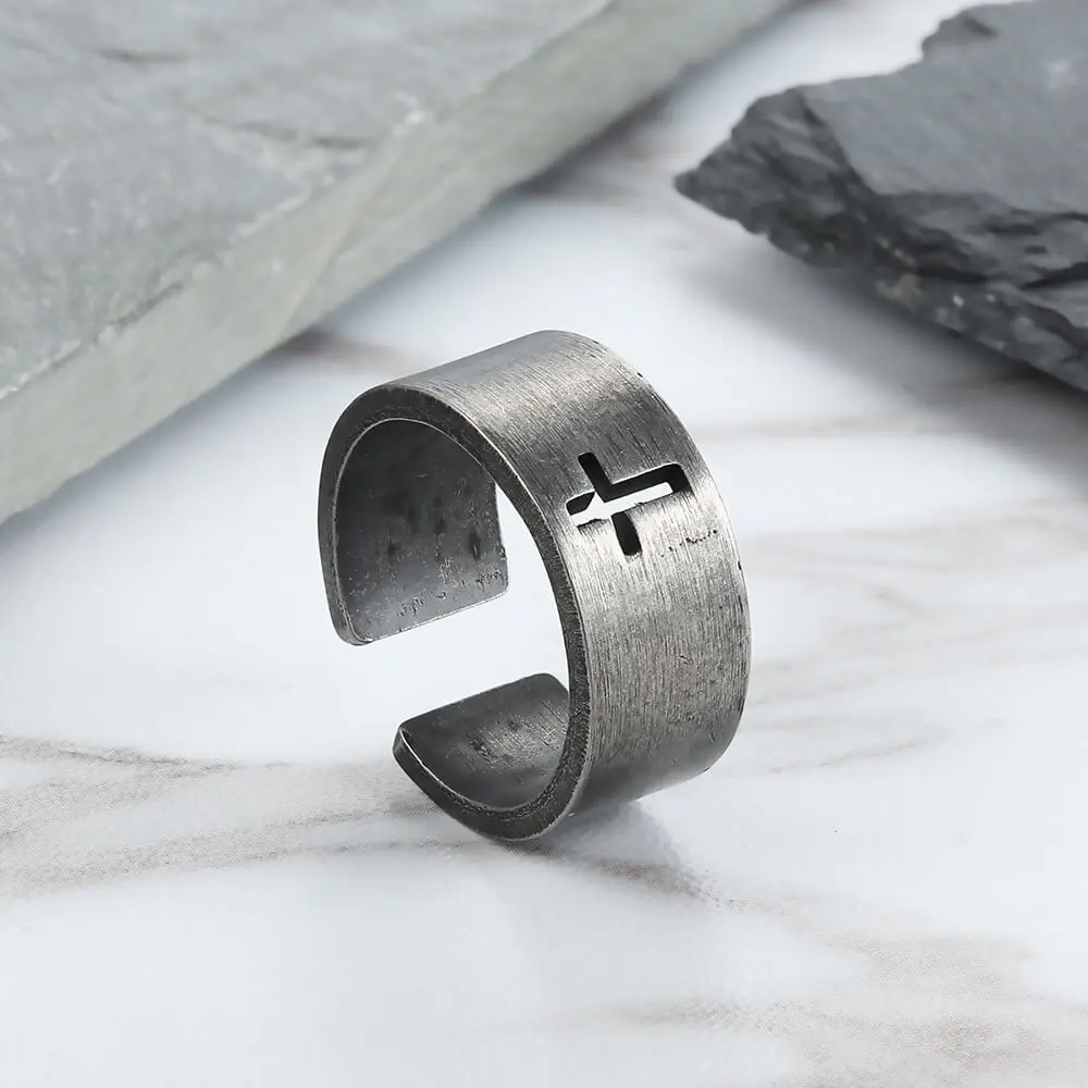 GTHIC Retro Hollow Cross Stainless Steel Ring Fashion Statement Accessories For Men Daily Wear