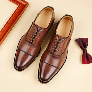 Men's Genuine Leather Oxford Dress Shoes Handcrafted Cap Toe Breathable British Business Style