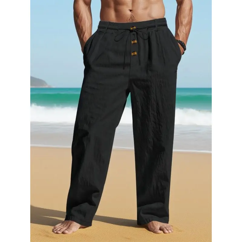 Beige Men's Woven Solid-Color Linen Drawstring-Waist Casual Long Pants, Straight-Leg with Pockets, All-Season Daily Wear Loose-Fitting Trousers