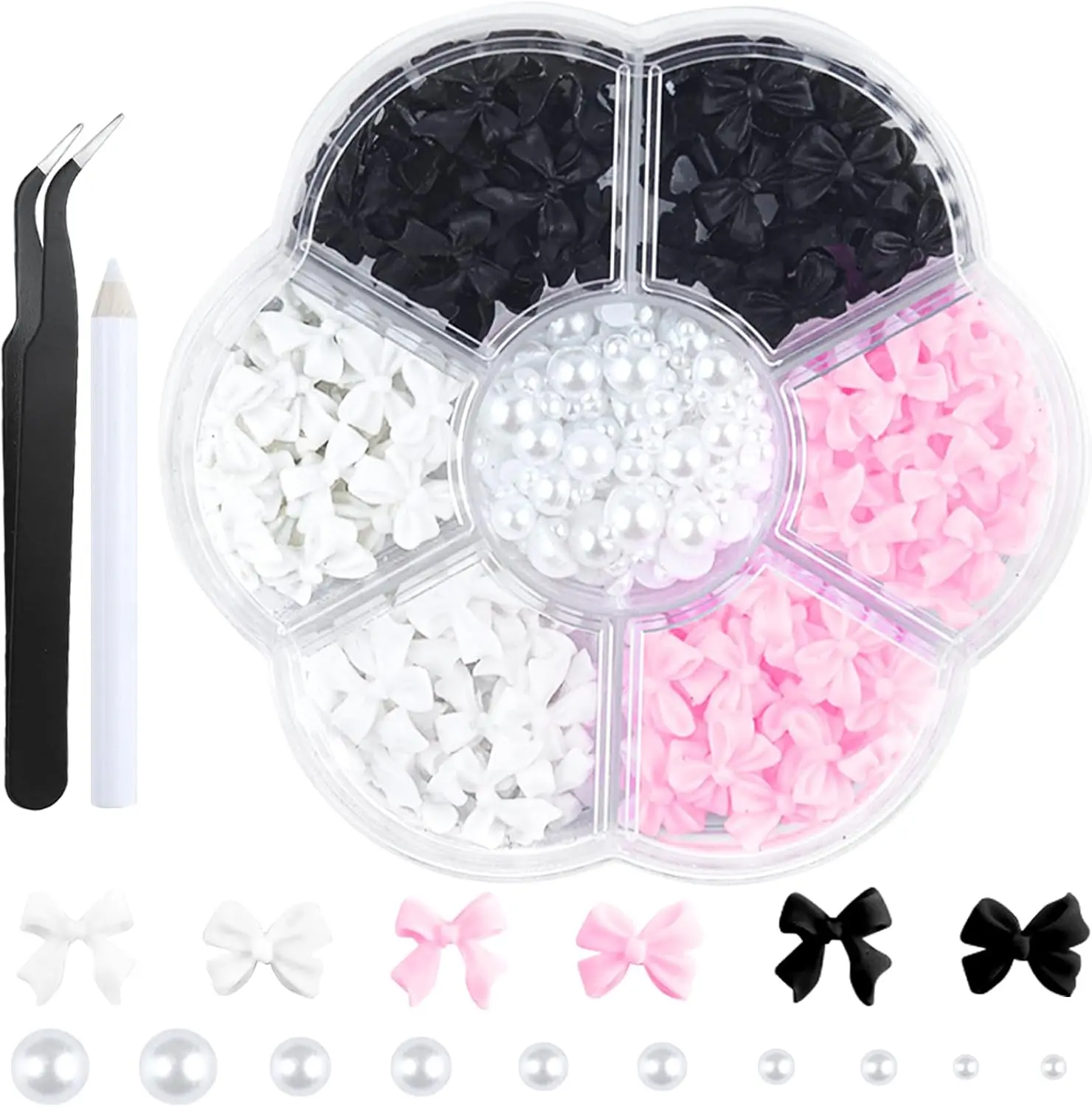 Halloween Fall Gift 300PCS 3D Bow Nail Charms & Flatback Pearls Set – Black, White & Pink Bowknot Nail Studs with Rhinestones for DIY Nail Art, Manicure & Jewelry Decoration