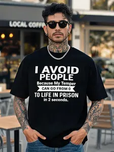 Men's Black "I Avoid People" Graphic T-Shirt Crew Neck Short Sleeve Breathable Soft Casual Sportswear Regular Fit 180g Funny Print Gym Clothing Casual Wear