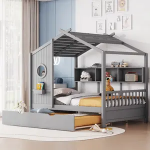 Eyisean Full Size Wooden House-Shaped Bed, Space-Saving Bed Frame with Trundle & Storage Shelf, Modern Platform Beds with Pitched Roof & Fence Rails, No Box Spring Needed, Easy Assembly for Bedroom