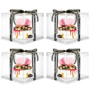 4 Pcs Clear Cake Box with Ribbon Transparent Tall Cake Carrier Box with Lids Pet Clear Gift Pack for 8 Inch Carry Wedding Birthday Anniversary Baking Dessert Display