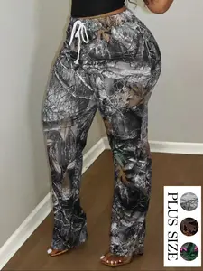 Plus Size All Over Floral Plants Print Comfort Drawstring Waist Flare Leg Pants, Casual Comfy Fit Fall Trousers for Daily Wear, Women's Bottoms Womenswear for Fall, Knitted Leggings for Women, Spring Adjustable Clothes for Women