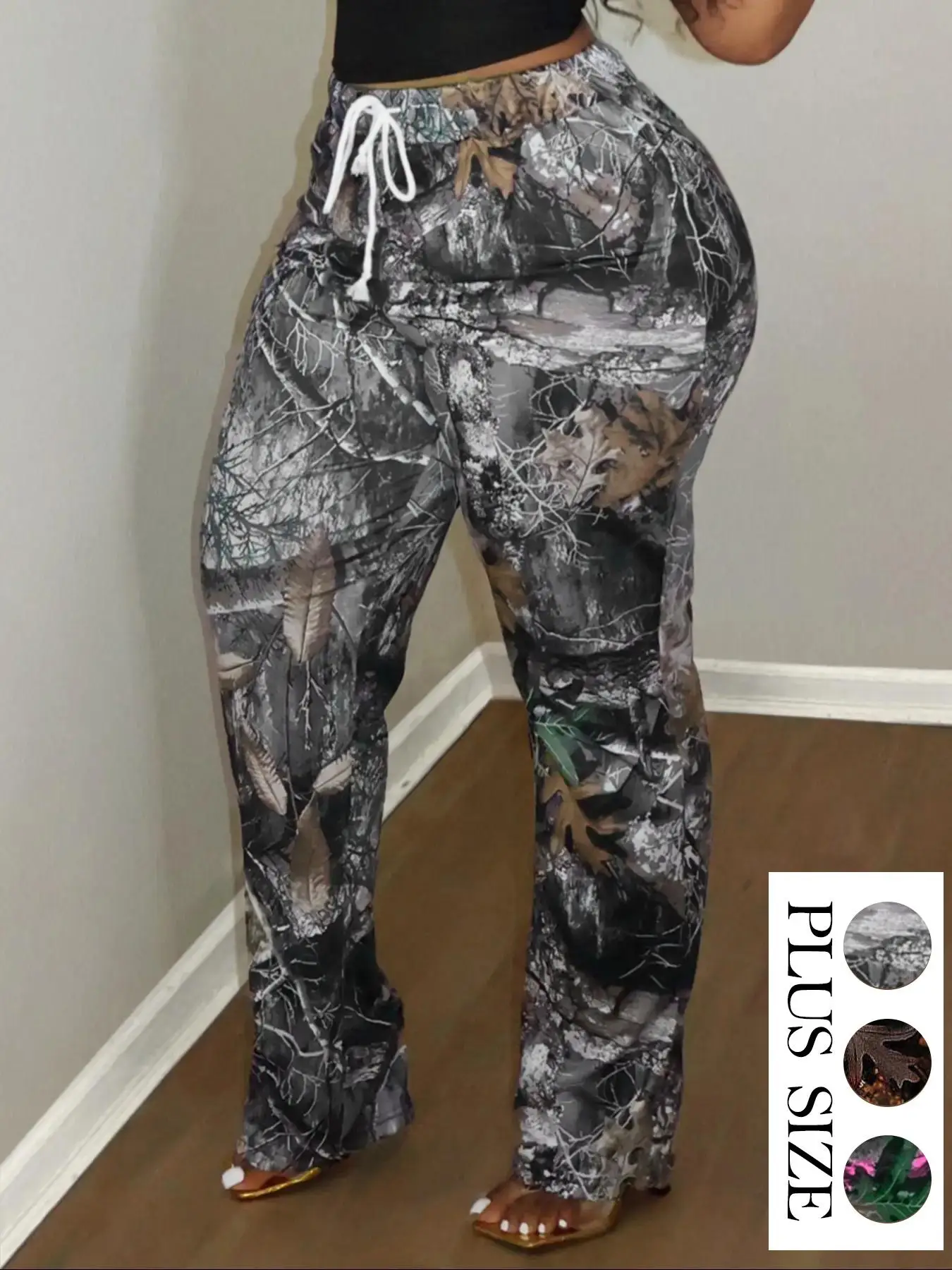 Plus Size All Over Floral Plants Print Comfort Drawstring Waist Flare Leg Pants, Casual Comfy Fit Fall Trousers for Daily Wear, Women's Bottoms Womens