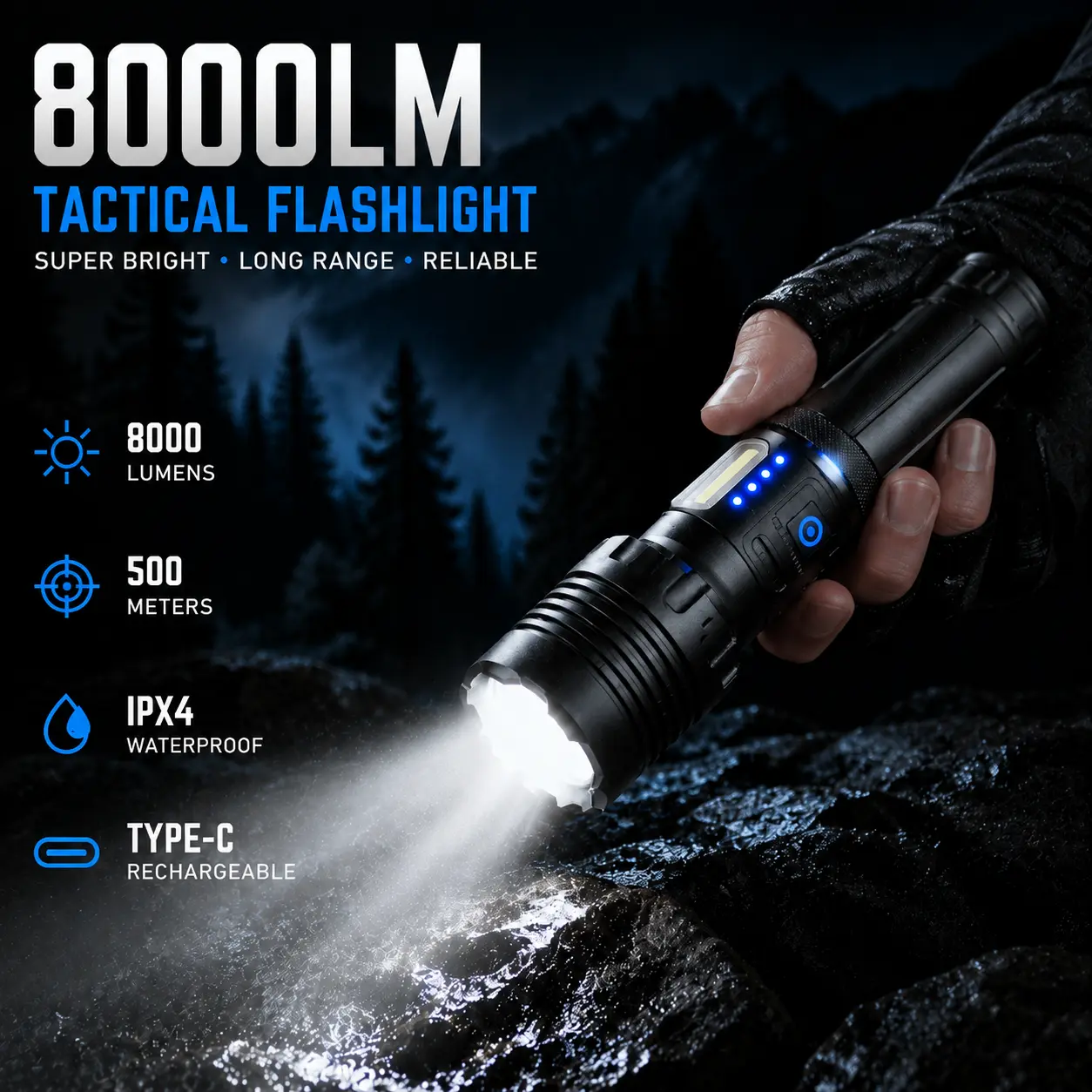 Portable Durable Metal Aluminum Alloy Tactical LED Flashlight Single Pack (18 * 4.3 * 3.5 Cm) - 12000LM Ultra High Lumens, 5-Mode Zoomable, Dimmable, Extendable, USB Charging, Waterproof, Secondary Rechargeable Batteries for Camping, Hiking, Luminous