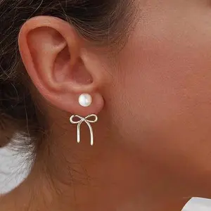 Popular Classic Pearl Bow Earrings, Silver Ribbon Earrings, Pearl Elegant Earrings