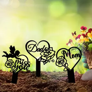 1pc Memorial Grave Markers Heart Memorial Plaque Stake Sympathy Grave Plaque Stake Cemetery Garden Stake Memorial Metal Grave Stake Decoration For Mom Dad Cemetery Outdoors Yard Rose