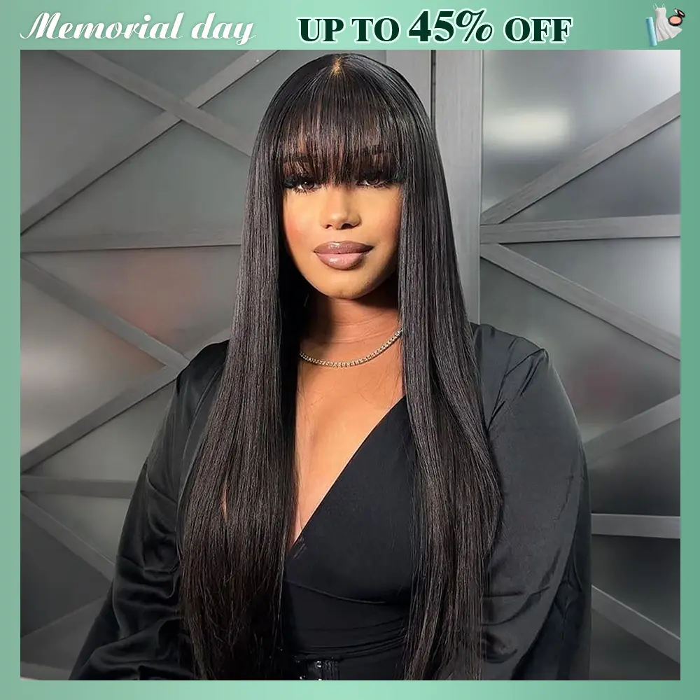 Straight Human Hair Wig with Bangs Glueless 180% Density 2x4 HD Lace Closure Amazon.com : Ruiyu Straight Human Hair Wigs with Bangs 180  main image 3