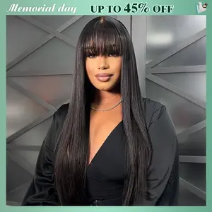 STERLY Glueless Human Hair Wig with Bangs 180% Density 2x4 lace Closure Wigs Middle Part Lace Wig Loose Body Wave Machine Made Wigs for Women Yaki Straight Front Wig Brazilian Hair Wigs HD Transparent Lace Wigs #Summervibes #tiktokshopmemorialday