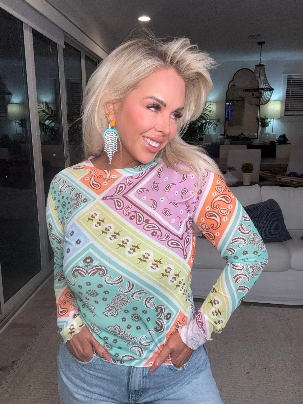 Multi Pattern Long Sleeve Mesh Top