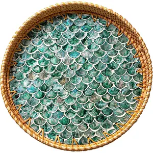 Large Rattan Serving Tray 14" with Mother of Pearl Inlay • Coastal Boho Collection • Handcrafted Serving Tray with Handles • Round Woven Table Trays for Home • Wicker Basket – Drift