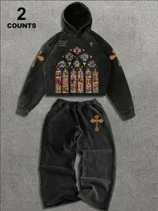 Men's Western Heavyweight Hooded Sweatshirt, Straight-Leg Long Pants, Papal Print Pattern, Perfect for Daily Wear, Travel, Shopping