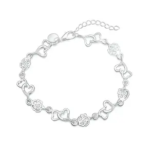 925 Sterling Silver Bracelet for Women, Heart & Flower Chain Dainty Jewelry for Wedding & Party Wear