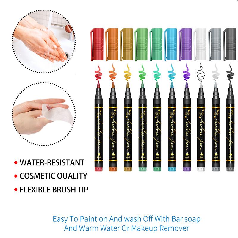 Temporary Tattoo Markers for Skin, 10/15/30-Count Body Markers 10/15/30 Colors Tattoo Pens,Flexible Brush Tip, Bright colors, Face Paint Kit Cosmetic Quality,Halloween makeup