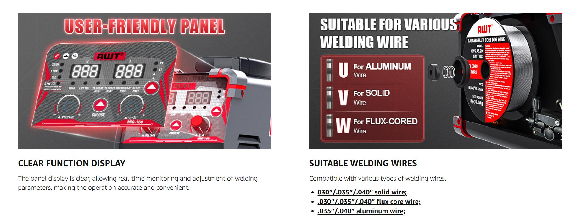 AWT MIG-160 6-in-1 Multi-Process Welder, 160A Dual Voltage 110V/220V Aluminum MIG Welder, Gas MIG, Flux MIG, Stick, Lift TIG, Digital Display Synergic Welding Machine for DIY & Metal Fabrication