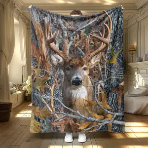 Soft Flannel Blanket Christmas Deer Print, Warm Office Sofa Cover, Portable Air Conditioning Blanket, Holiday Gift for Home Travel
