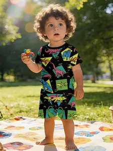 Vintage Memphis-style multi-category dinosaur print short-sleeve set for infants and toddlers, casual kids' clothing for babies, T-shirts suitable for daily and outdoor sports. Made of 100% polyester, the perfect gift for infants and toddlers!