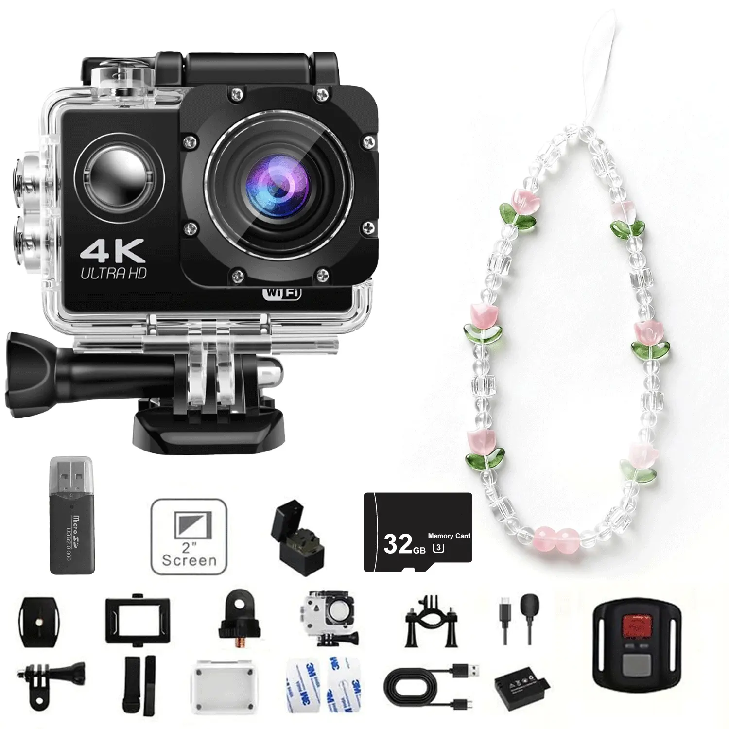 Ourlife 4K HD Waterproof Outdoor Sports Camera, Cycling Camera Action Camera with Hanging Chain Controller Card Reader, Wide Angle Fish Eye Lens, 2.0 Inch Screen