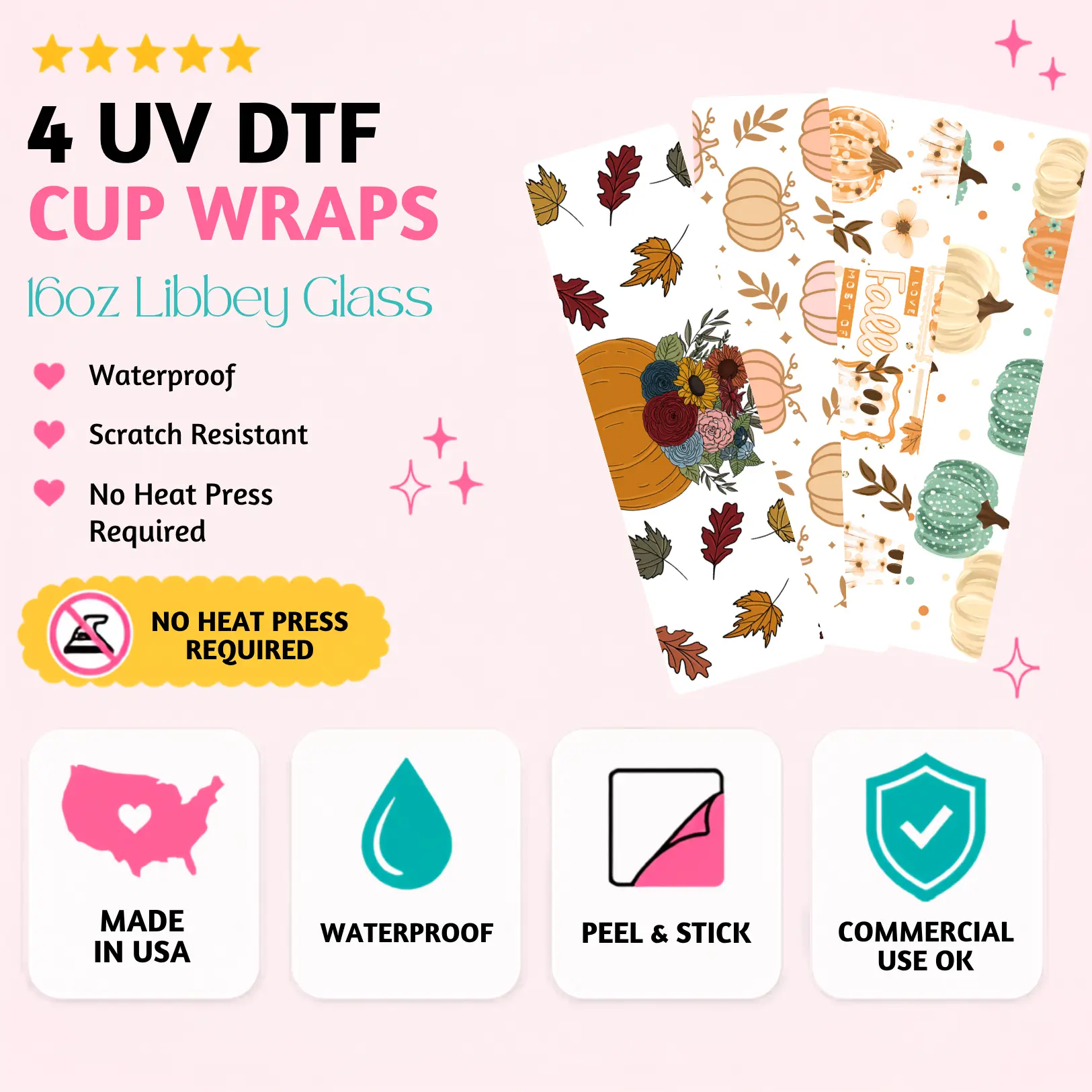 Fall UV DTF Cup Wraps | 4-Pack 16oz Libbey Glass | Peel & Stick Waterproof | No Heat Needed