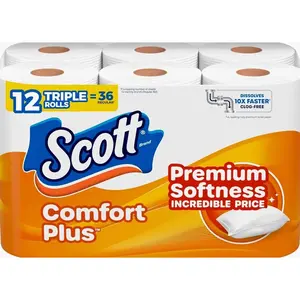 Scott ComfortPlus Toilet Paper, 12 Triple Rolls, 231 Sheets per Roll, Septic-Safe, 1-Ply Toilet Tissue