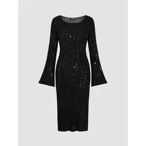 Cider [size 2-26] Knit U-neck Sequin Split Midi Dress