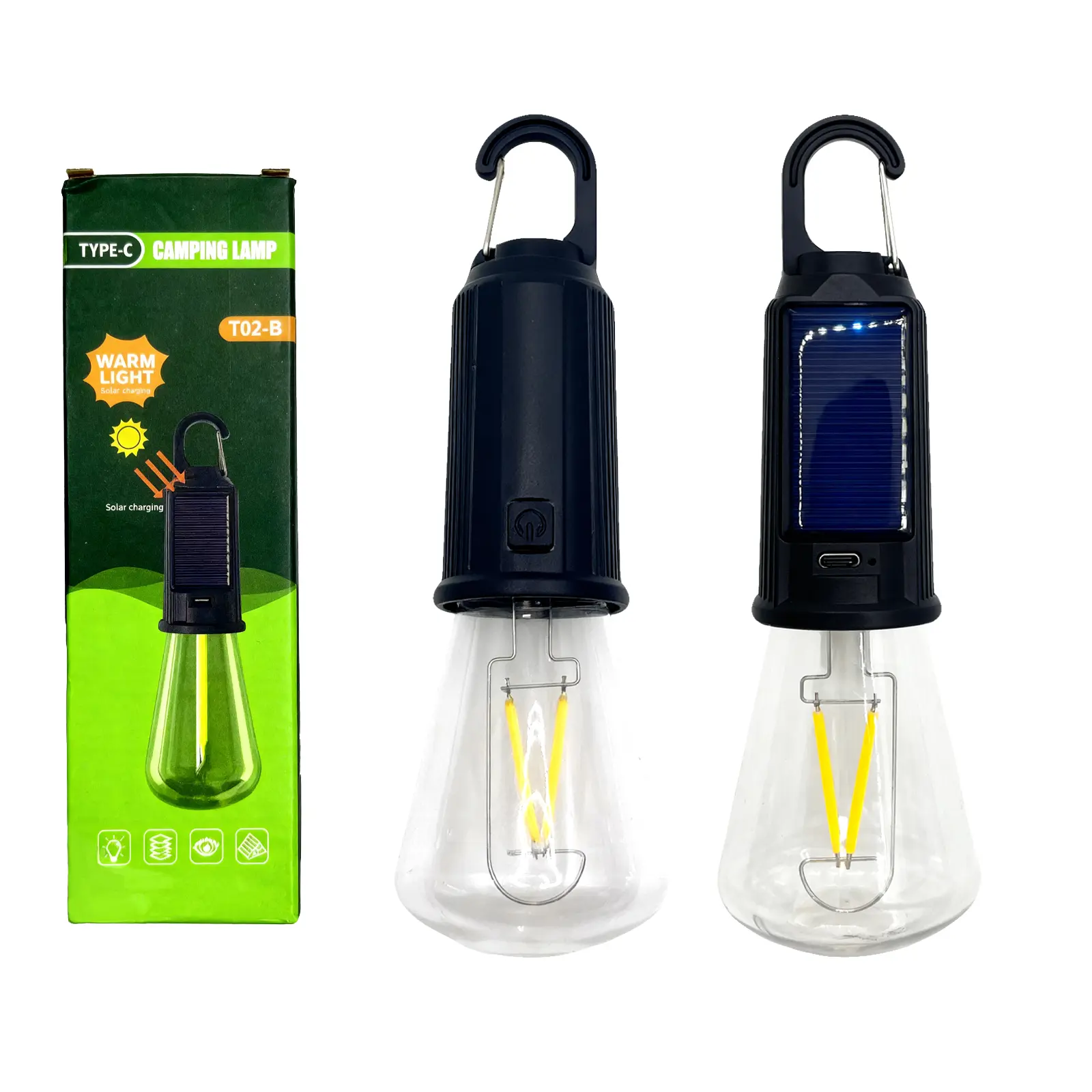 Camping Lantern, Solar & Type-C Rechargeable Portable LED Tent Light with Hook, Waterproof ABS Plastic, 3-Mode Bulb for Hiking & Blackout Ready Emergencies, Hiking Gear, Unisex, Rechargeable Solar Flashlight, Emergency Light, Adjustable Flashlight, Indoor