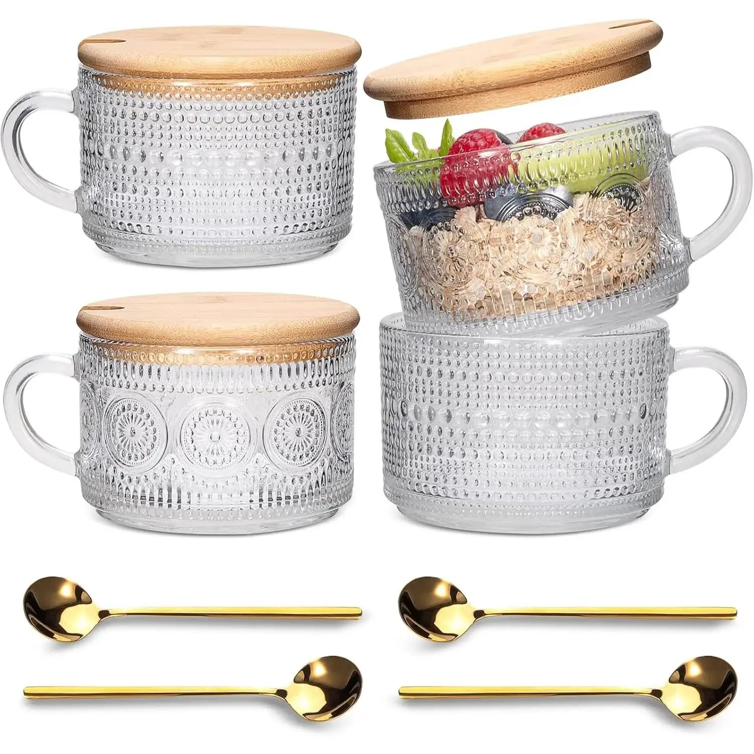 4pcs Vintage Coffee Mugs Set - Clear Embossed Tea Cups with Bamboo Lids & Spoons, 14 Oz Glass Coffee Cups, Drinkware