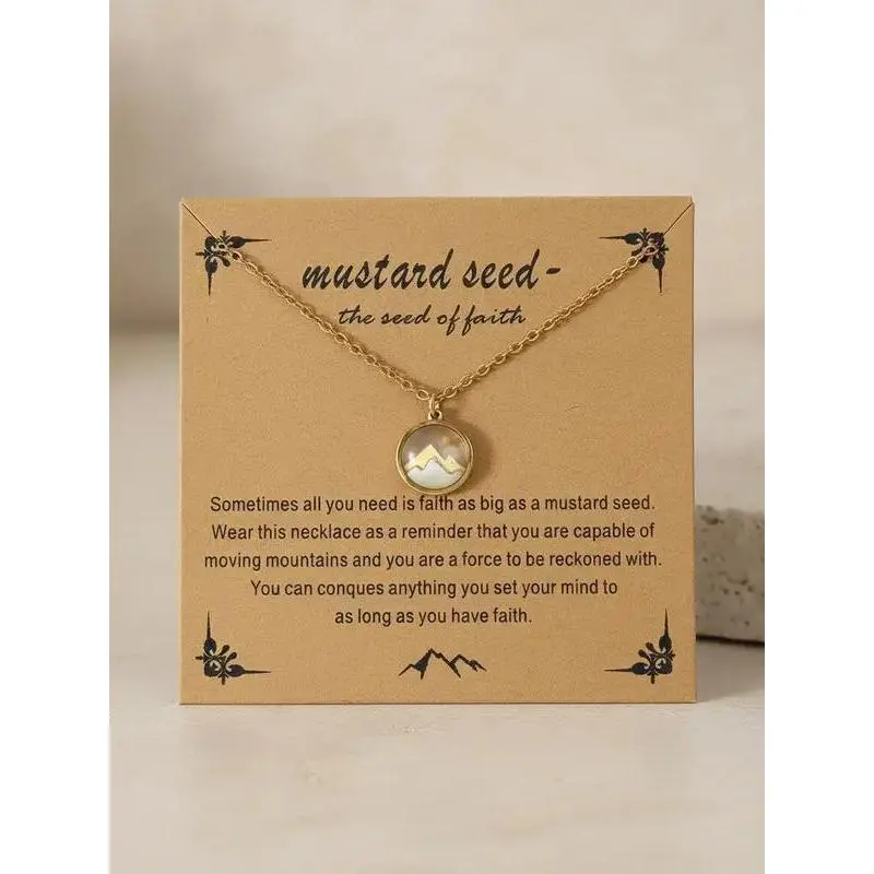 Mustard Seed Amulet Necklace for Women and Men, Elegant Gold-Finish Stainless Steel Mountain Pendant with a Durable Alloy Chain, Elegant Appearance, Robust Alloy Chain