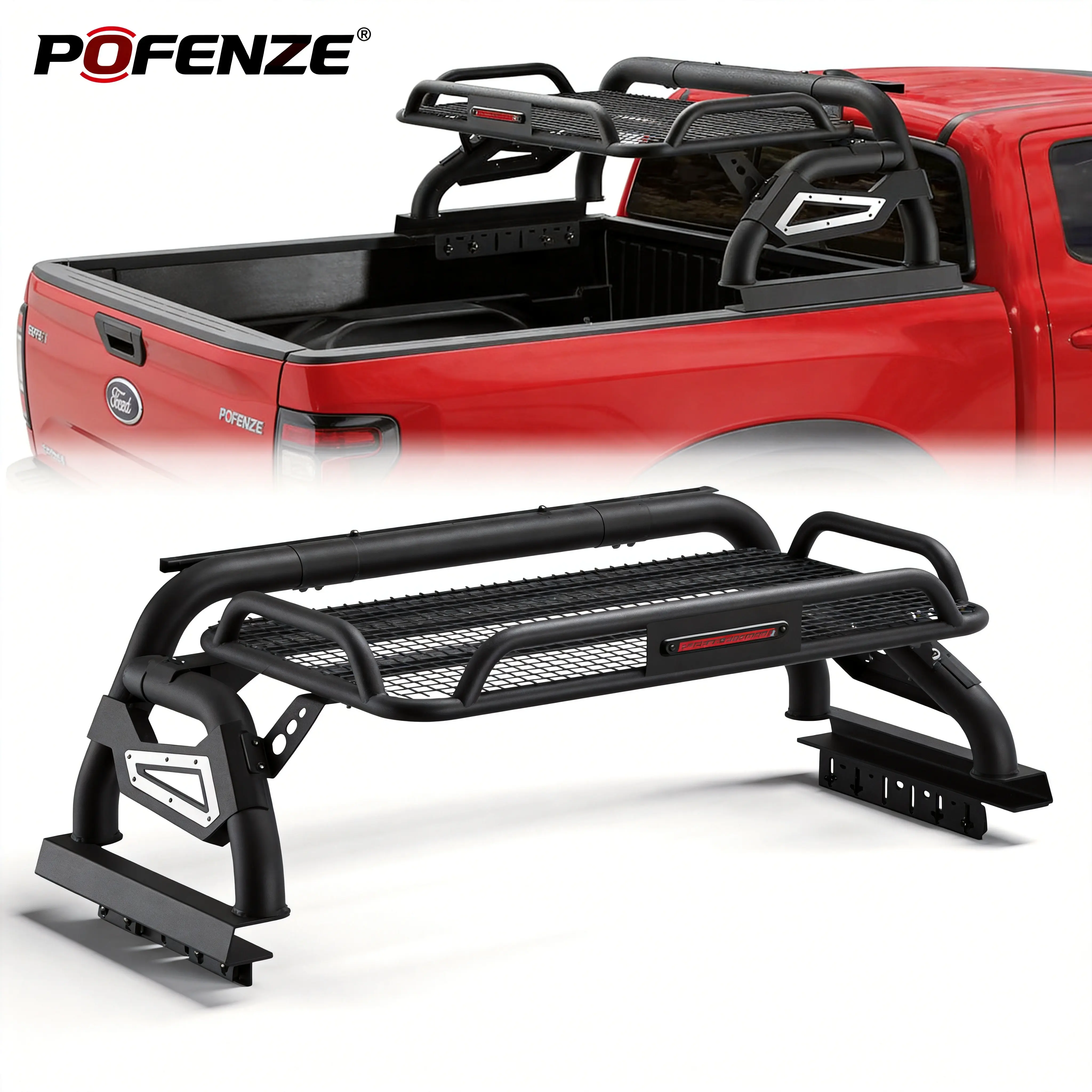 POFENZE-NADIA Truck Bed Rack Roll Bar with Cargo Basket for full-Size Trucks, Adjustable Chase Rack Heavy-Duty Steel Overland Rack for Tacoma, Colorado, Canyon, Ranger Universal protector Car Auto Accessory Car Accessory