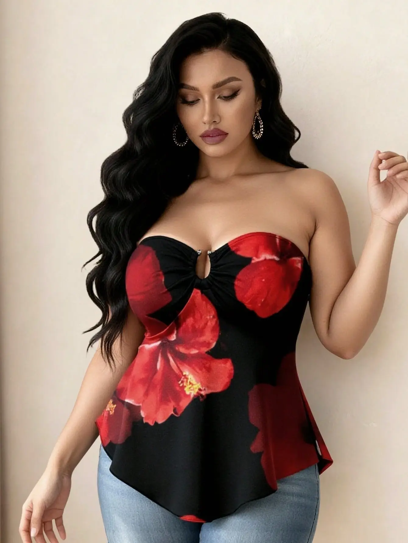 BLUSHB Plus Size Women Elegant Knitted Bustier Top With Decorative Buttons Random Floral Digital Print Black
