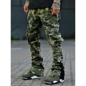 Men's Camo Print Drawstring Waist Cargo Pants, Regular Fit Street Fashion Pocket Split Hem Trousers, Men's Bottoms for All Seasons Daily Wear