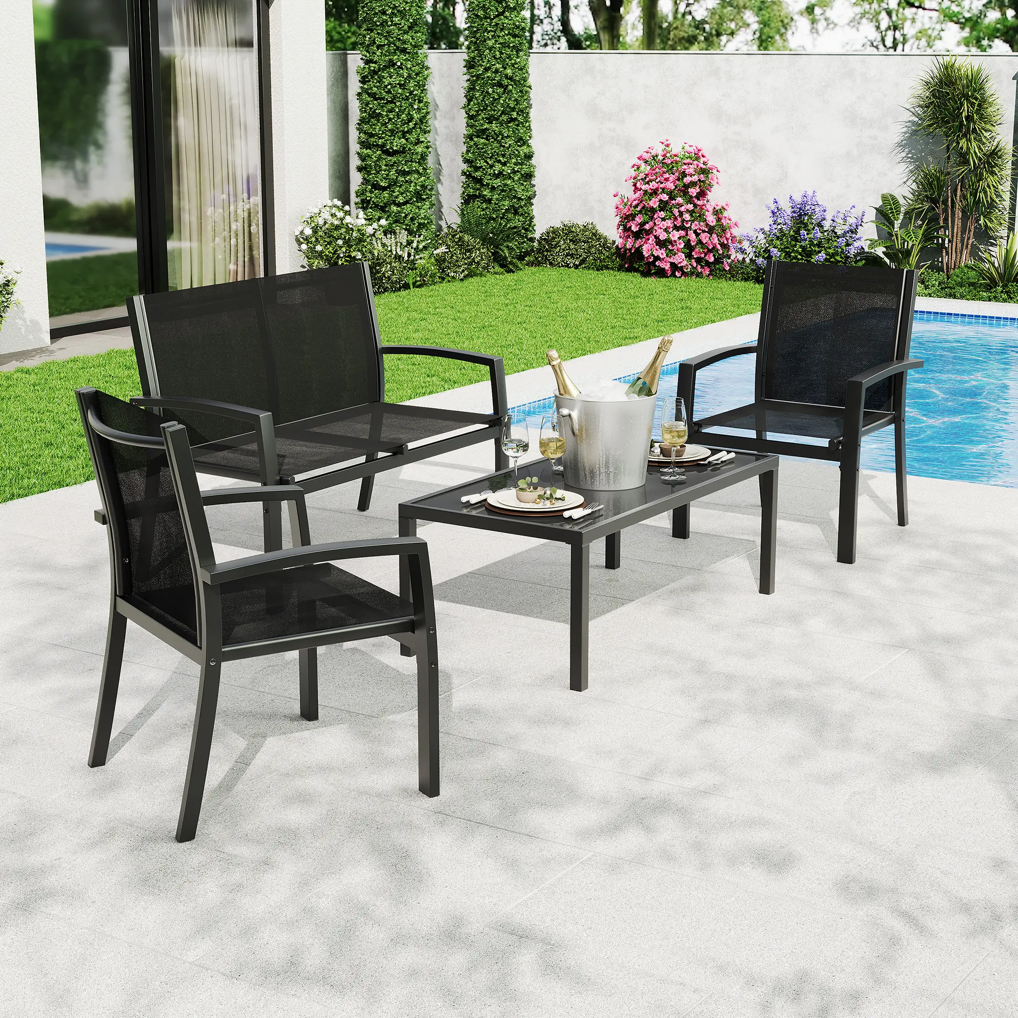 OUTGOODS 4-Piece Patio Furniture Set - Outdoor Furniture Set with Loveseat, Single Chairs, Coffee Table, Modern Metal Frame Textilene Seats for Porch, Backyard, Patio Furniture Sets, Outdoor Furniture Sets