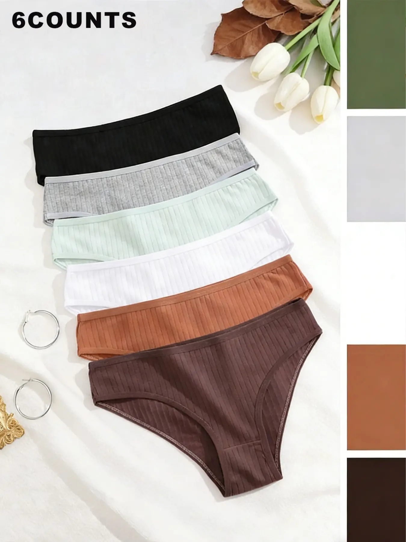 Women's Cotton Triangle Panties Set, Panty Underwear Set, Underwear, Knitted Stretch Underwear, Elastic Knit Underwear, Breathable Comfort, All Ages Suitable, Everyday Elegant Fitted Design, Striped Pattern, 6 Pieces