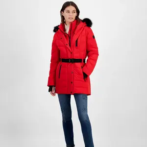 Women's Belted Bibbed Hooded Puffer Coat