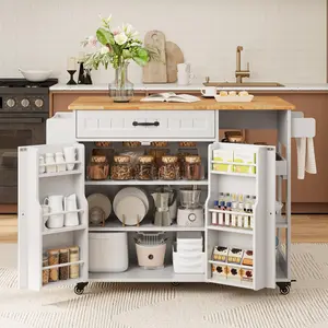 Gizoon Update Kitchen Island, 41.7" W Kitchen Island with Storage, Kitchen Cart on 5 Wheels, with Foldable Drop Leaf, Refrigerator Door, Adjustable Shelf, Spice/Towel Rack, Removable Tray, White