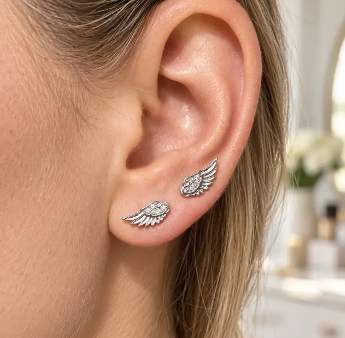 Niche, Unique and Personalized Wing Ear Bone Stud for Women, Screw-Back Stud Earring, Conch Piercing Stud, Multi-Piercing Stacked Earrings and Ear Accessories, Sweet and Cool Spicy Girl Style with Micro-Paved Zircon, Angel Wing Design