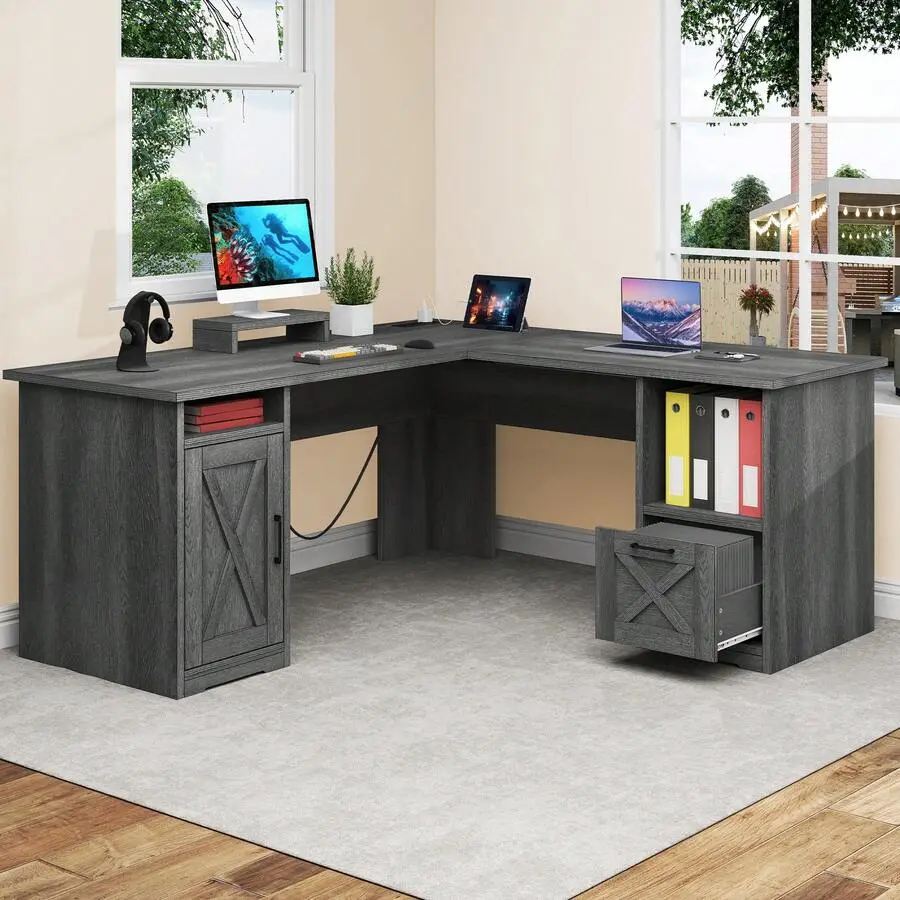 Dark Grey 60 Inch L Shaped Desk With Power Outlets Corner Computer Desk With File Drawer And Storage Cabinet For Home Office, Study Room