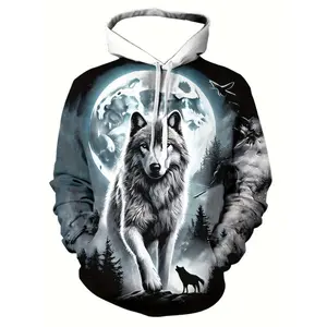 3D Men'S Moon White Wolf Pattern Long Sleeve Casual Hoodie with Drawstring Pocket, Fashionable Fabric Sweatshirts Pullover Motocross Wetsuit