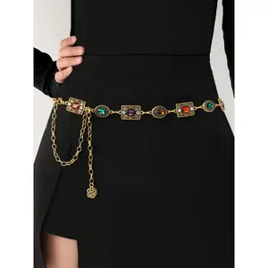 Vintage Metal Floral Waist Chain for Women, Rhinestone Decorated Belt Chain, Fashion Accessory for Dresses, Versatile Waist Chain