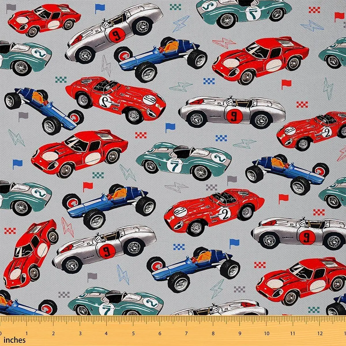 Race Car Fabric Cartoon Race Trucks Upholstery Fabric Chairs Grey and Red Blue Home DIY Projects Indoor Outdoor Decor Lightning Flag Decorative Waterproof
