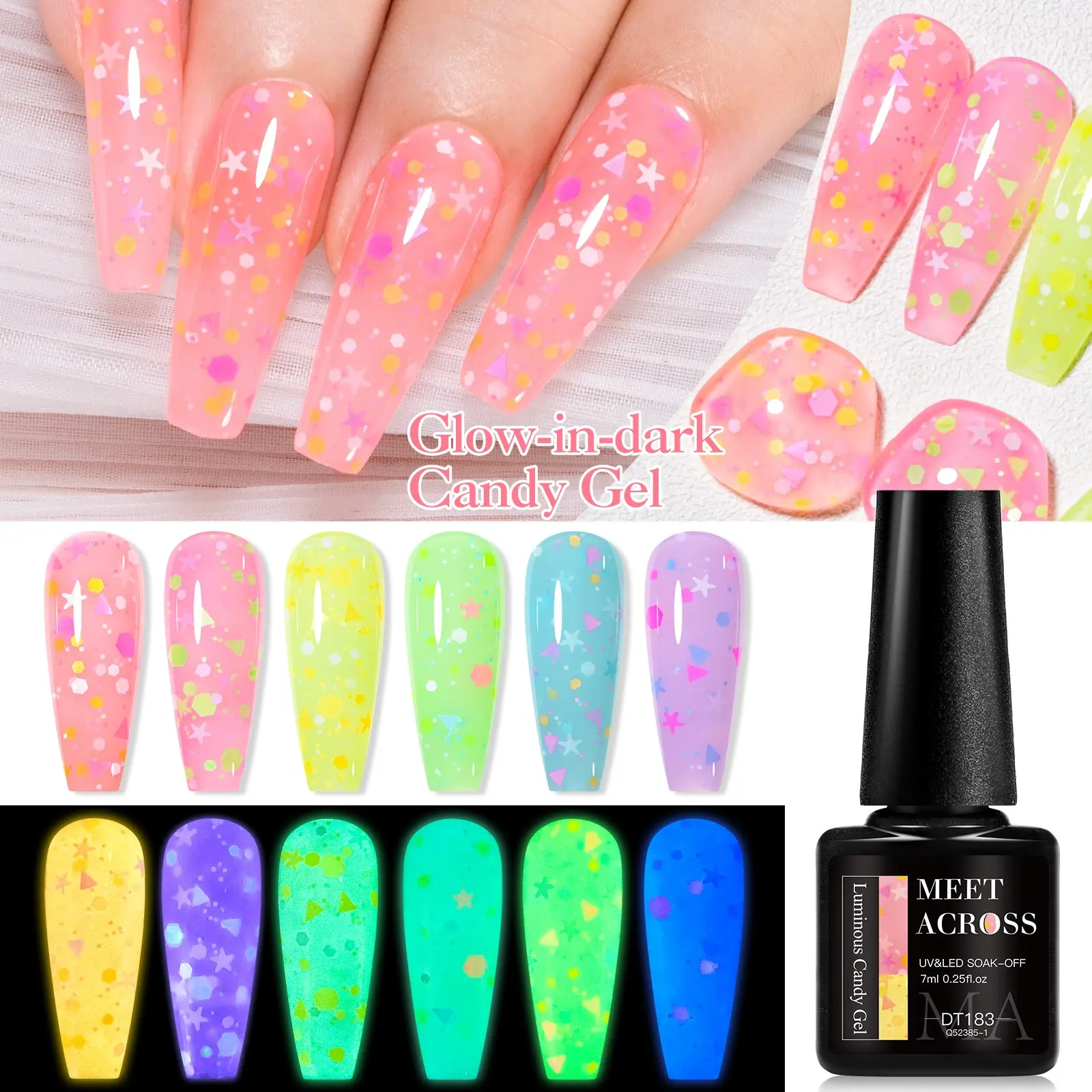 Glow-In-The-Dark Candy Gel Nail Polish, 6-Color Macaron Design, Luminous Sequins & Glitter Finish, Semi-Permanent Soak-Off UV Gel Varnish, Nail Art