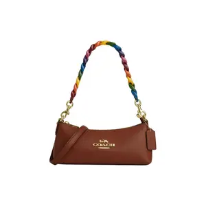 Coach Charlotte 25 Logo-Embossed Pebbled Leather Bag for Women – Colorful Chain-Zip Closure, Golden and Mahogany Tote