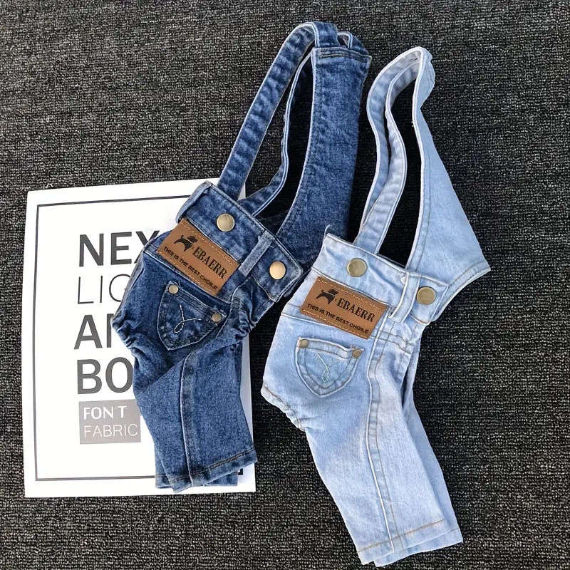 Dog Denim Jumpsuit - 1pc Denim Fabric Pet Outfit, Casual Solid All-Season Wear for Small & Medium Dogs