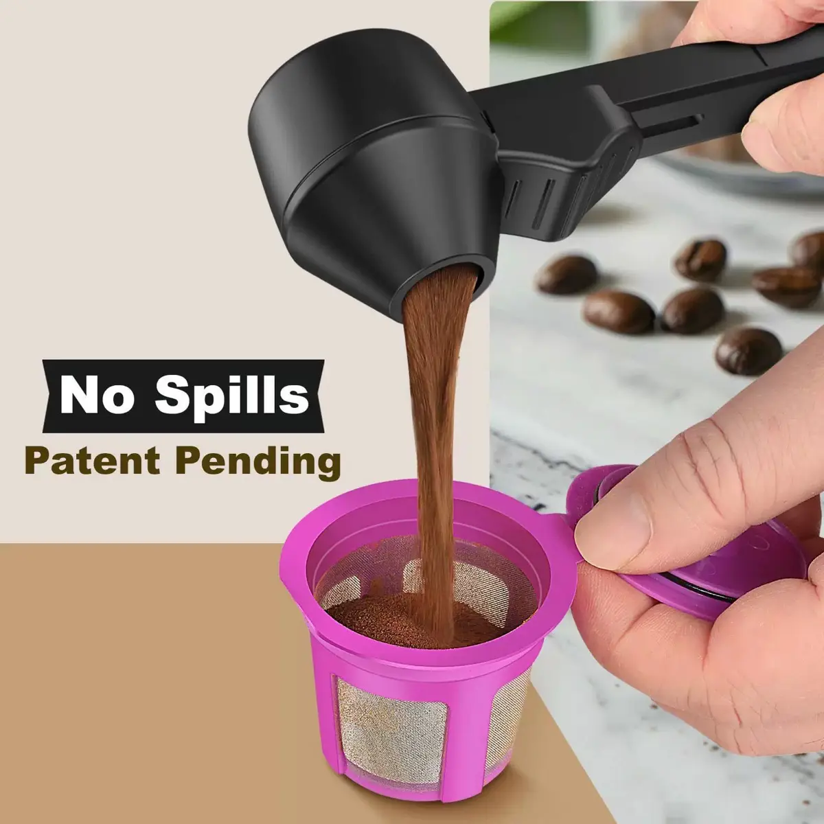 Patent-Pending No-Spill Coffee Measuring Scoop, 2 tbsp Funnel for Reusable K-Cups